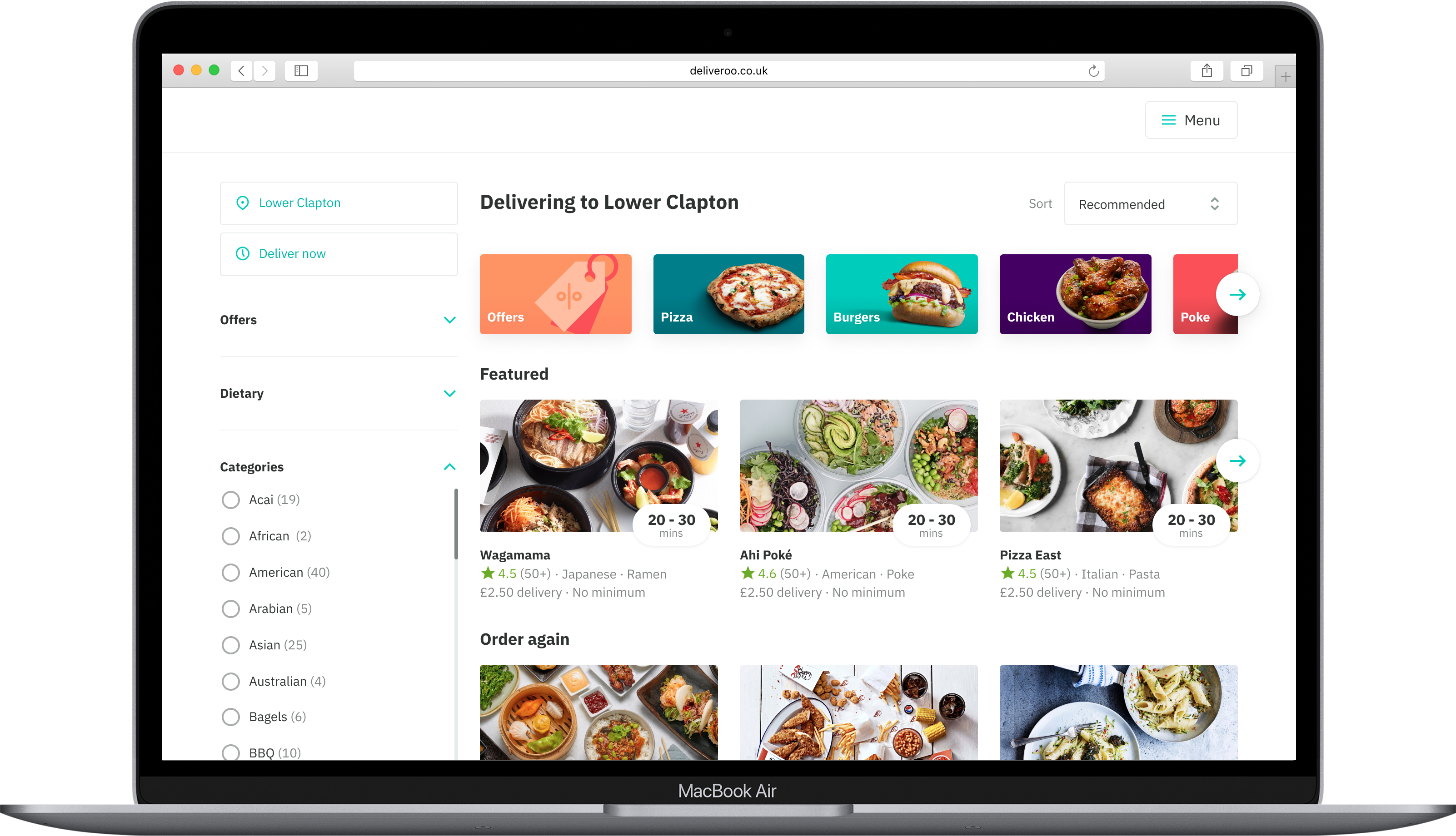 Deliveroo finding food experience shown across desktop and mobile devices